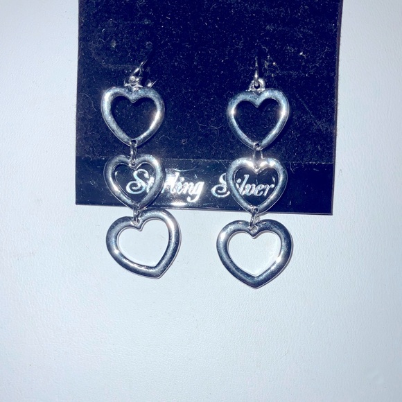 Triple Heart Sterling Silver Drop Earrings NEW lt#A1grbn inc.anti tarnish tissue - Picture 1 of 10